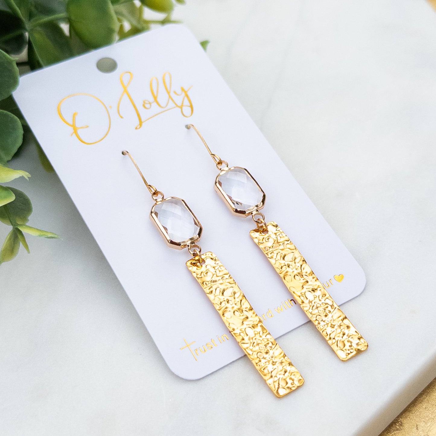 Gold Textured Bar w/Clear Glass Earrings “Isabel”