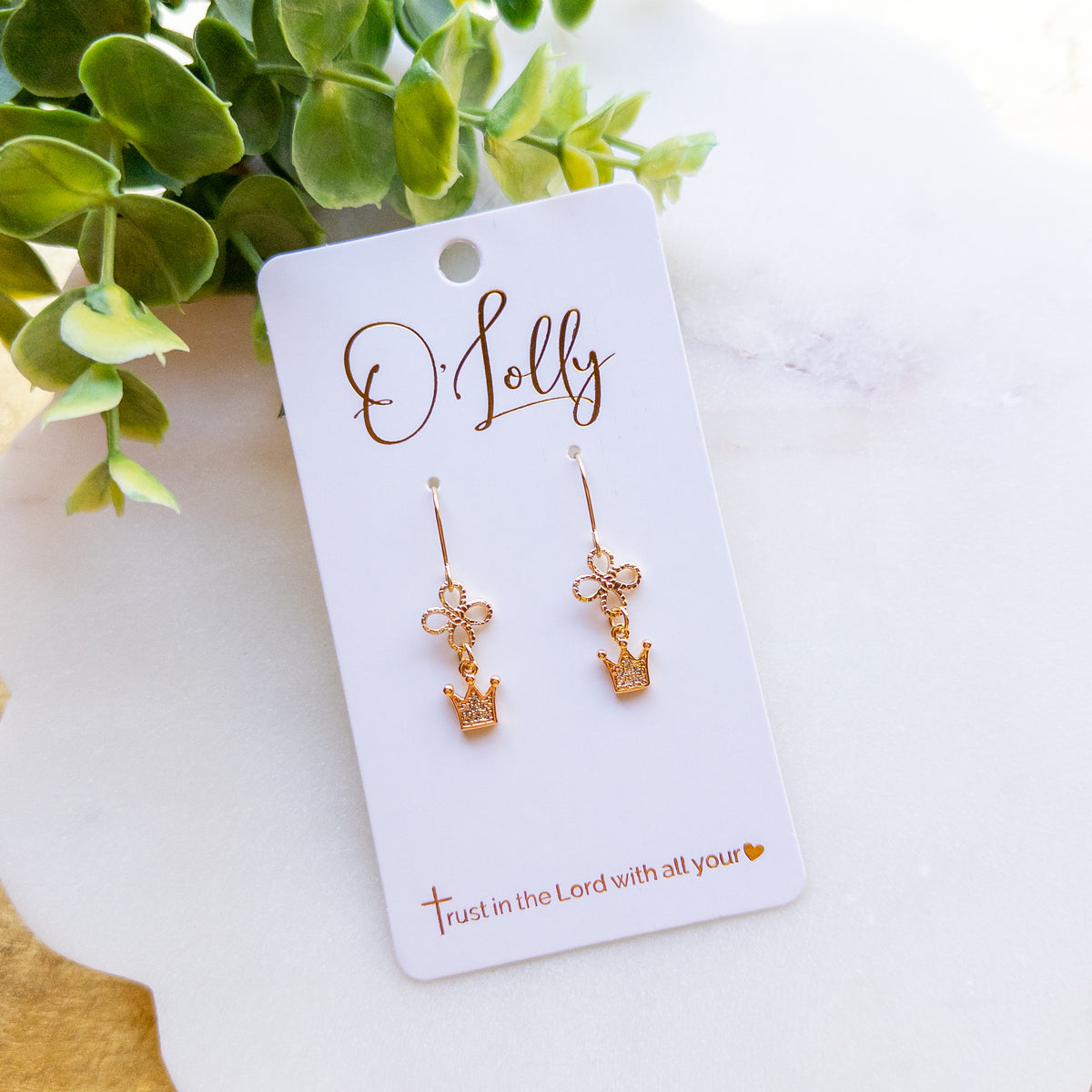 Gold Crown Charm Dangle Earrings
