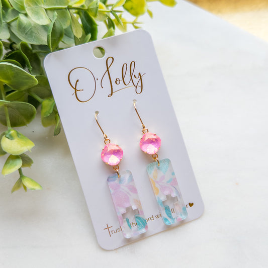 Pink Stone w/Pastel Floral Open Cross Acrylic Dangle - “Mary Nicole”