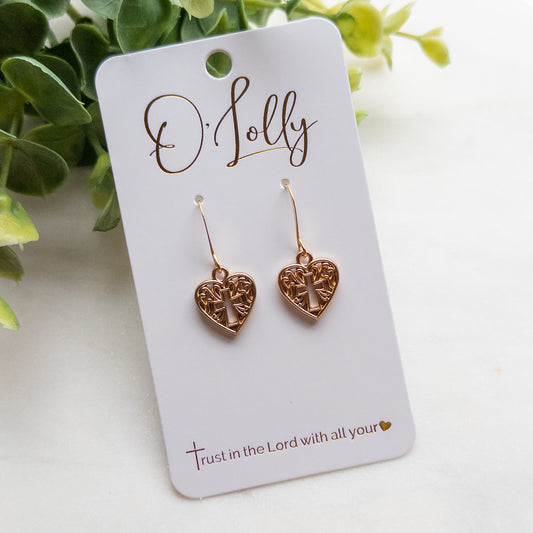 Gold Heart Mini Earrings w/Hallow Cross