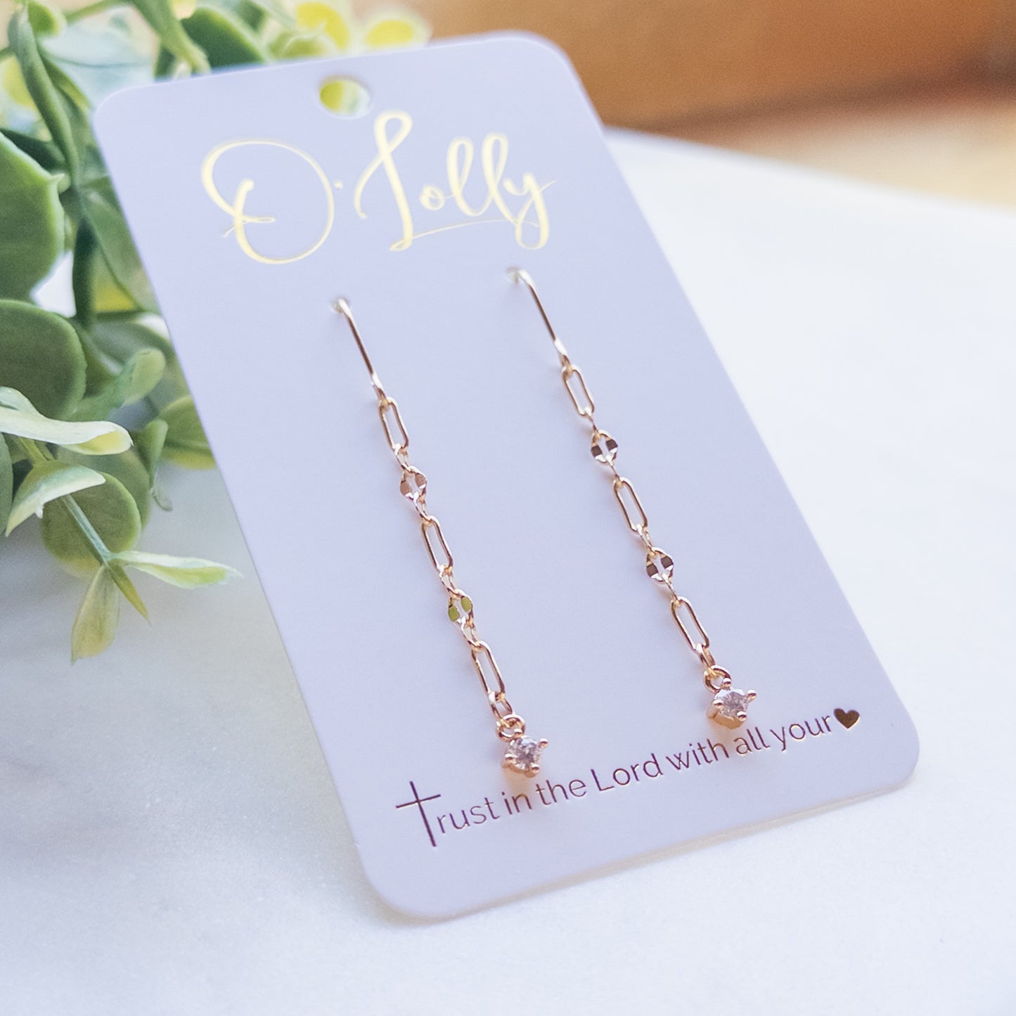18k Gold Plated Chain Earrings w/Dainty CZ Dangle Earrings