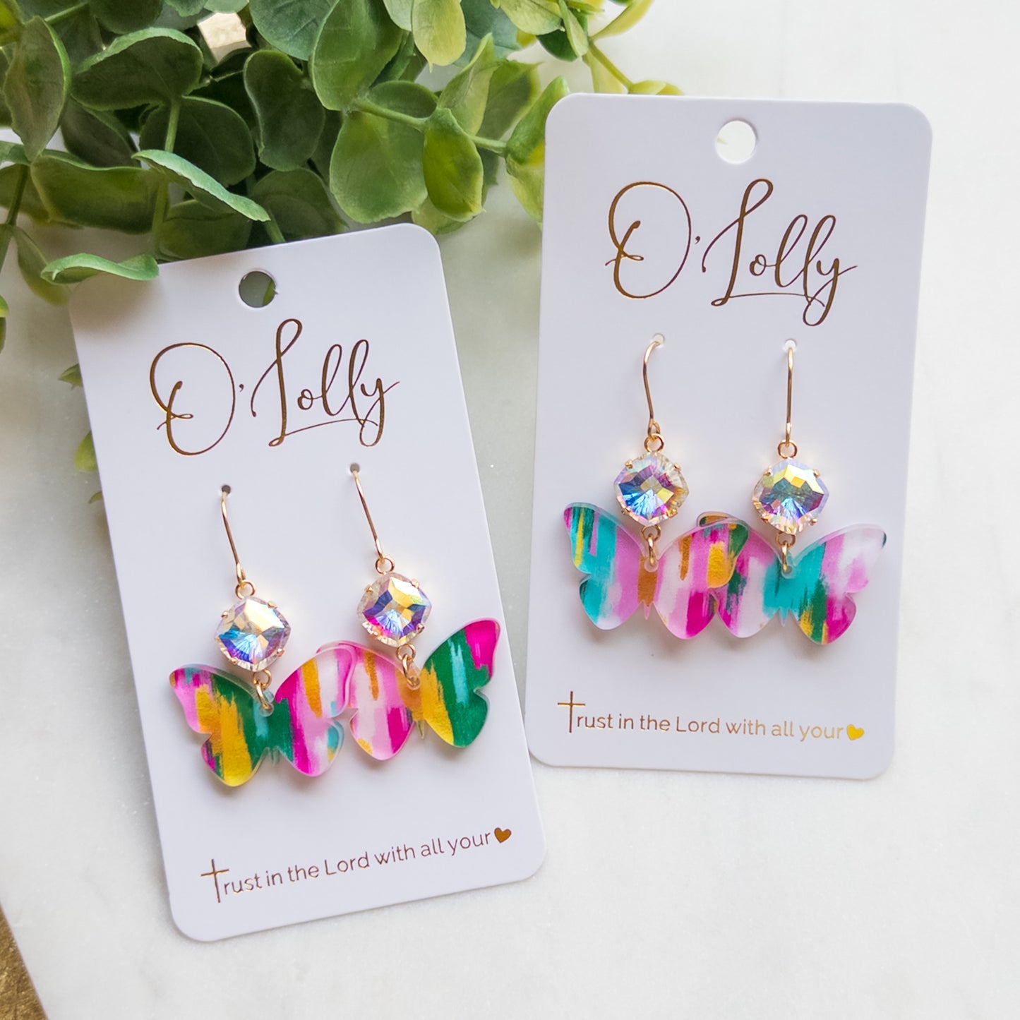 Multicolored Acrylic Butterfly w/AB Stone Dangle Earrings “Kelsi”