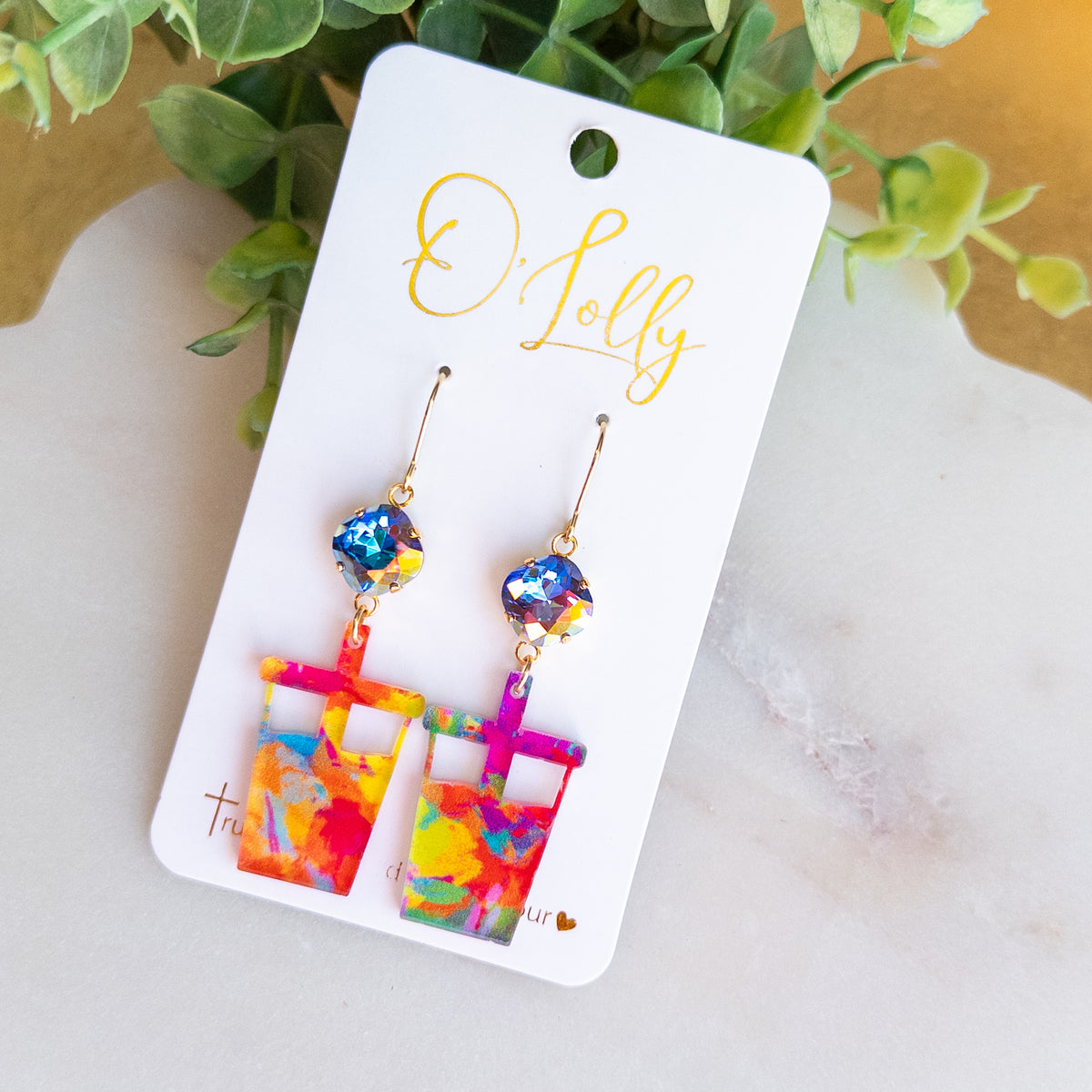 Colorful Loaded Tea Dangle Earrings – Rainbow Crystal Accents