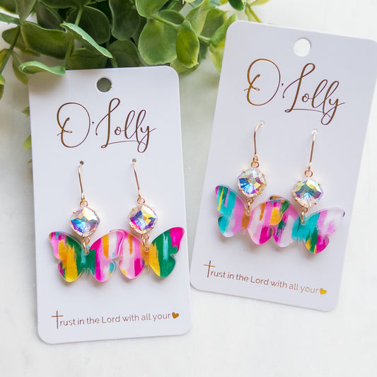 Multicolored Acrylic Butterfly w/AB Stone Dangle Earrings “Kelsi”