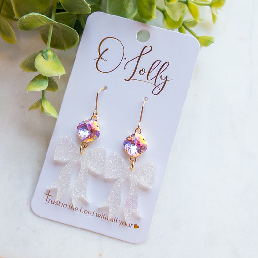 White Glitter Acrylic Bow w/Light Purple Sparkle Stone “Lilac”