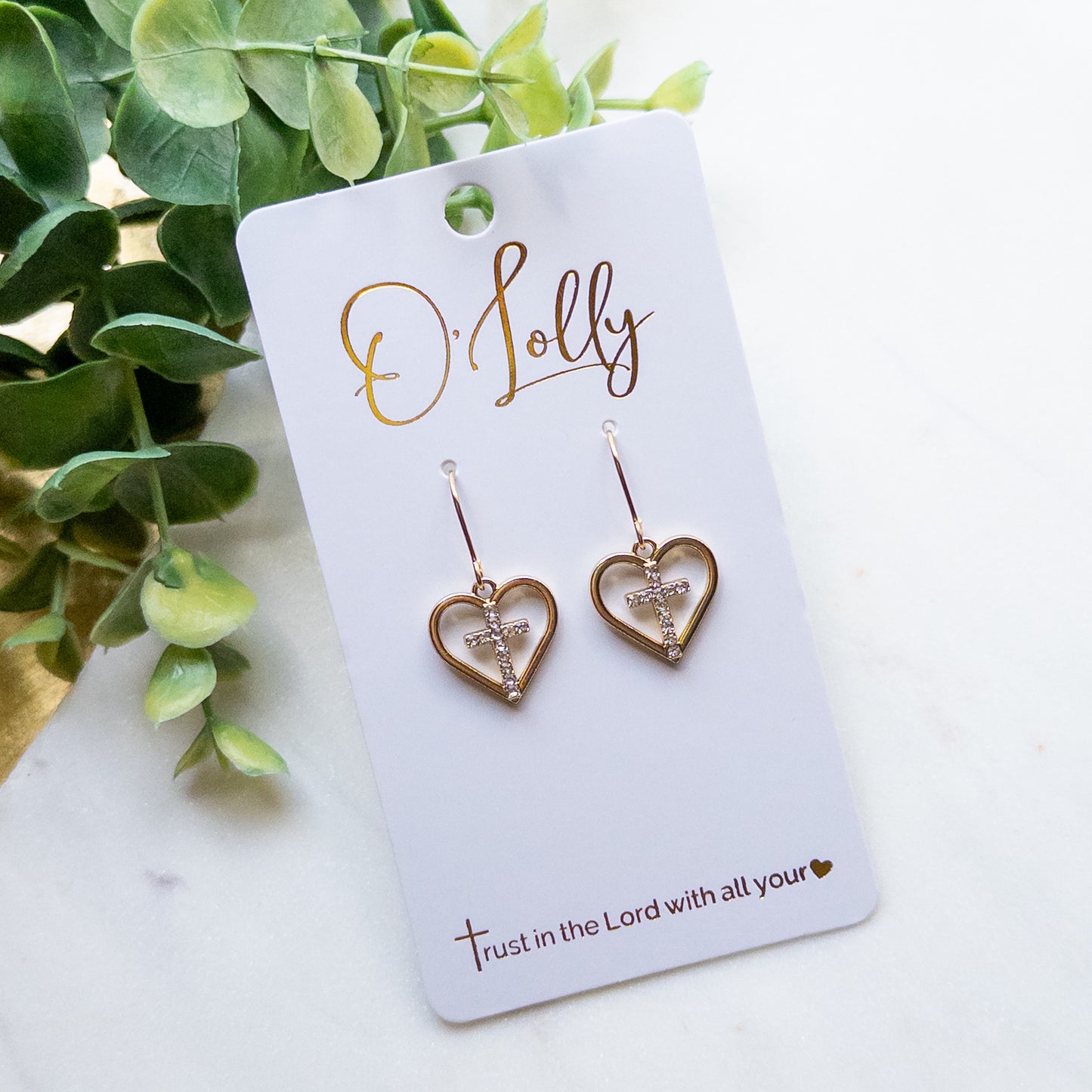 Gold Heart & Rhinestone Cross Earrings