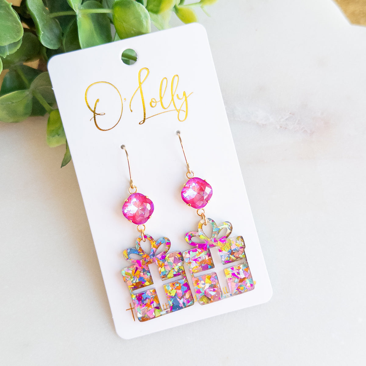 Christmas Present Dangle Earrings – Pink Rhinestone & Multicolor Glitter
