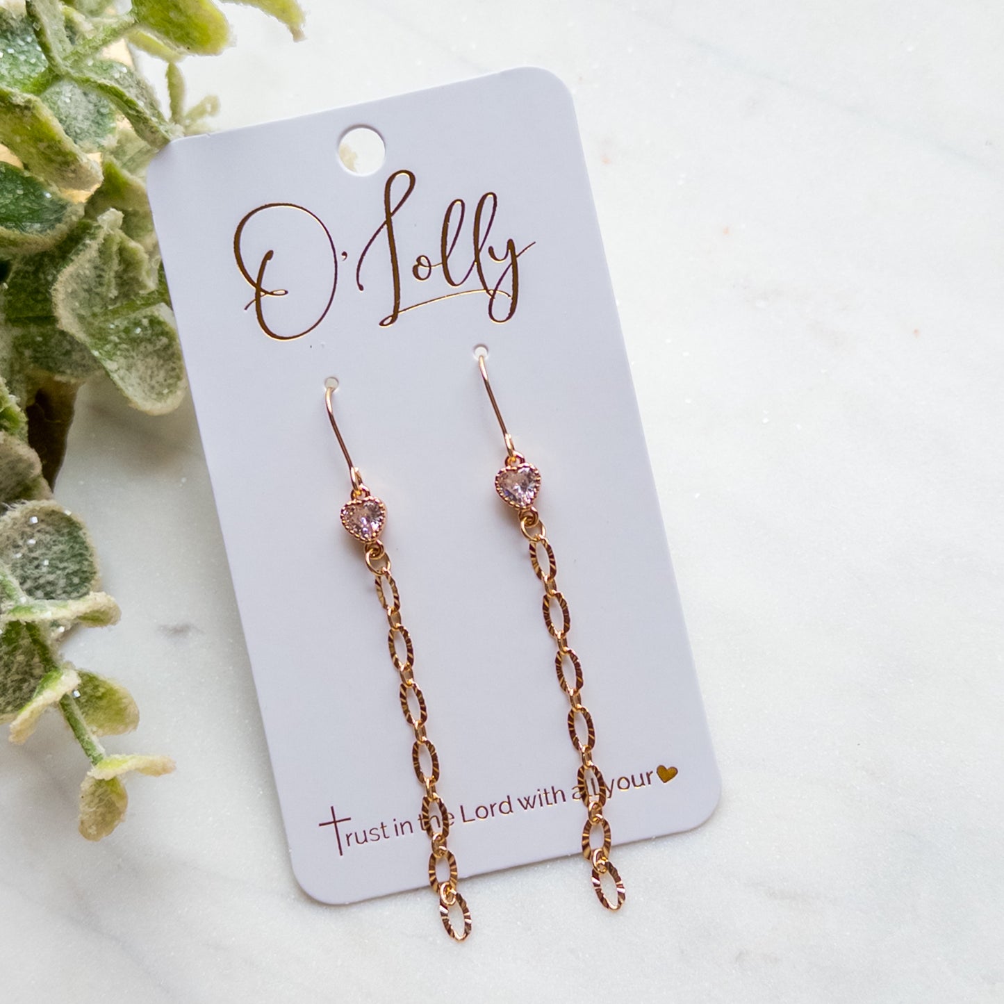 18k Gold Plated Textured Chain Earrings w/Heart Cubic Zirconia Style 6