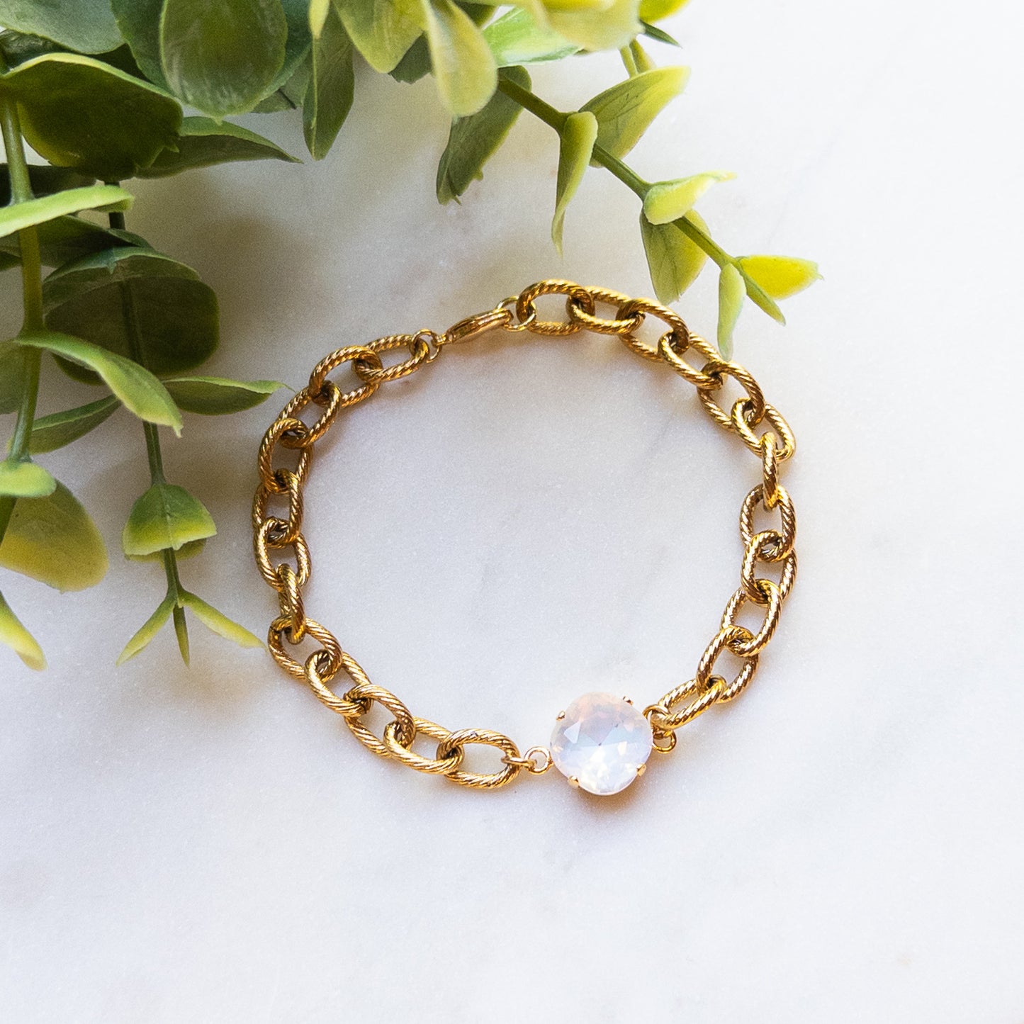 Textured Gold Chain Bracelet w/White Stone