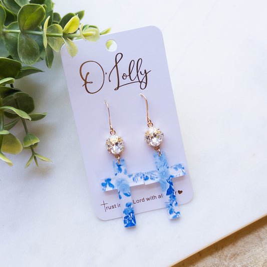 Blue/White Floral Acrylic Cross Earrings w/Clear Stone “Gracie”
