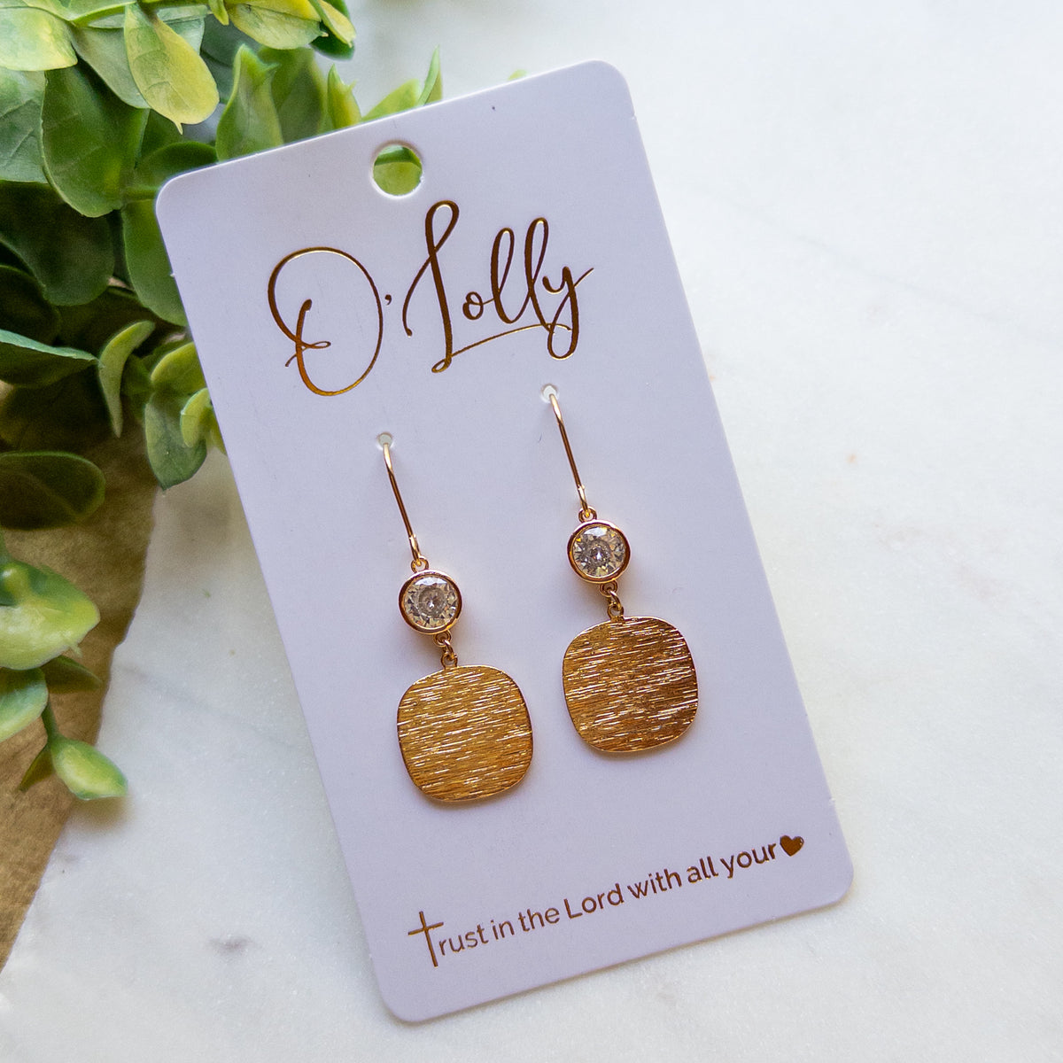 Gold Textured Square Dangle Earrings with Cubic Zirconia – Minimalist Gold Earrings “Celeste”