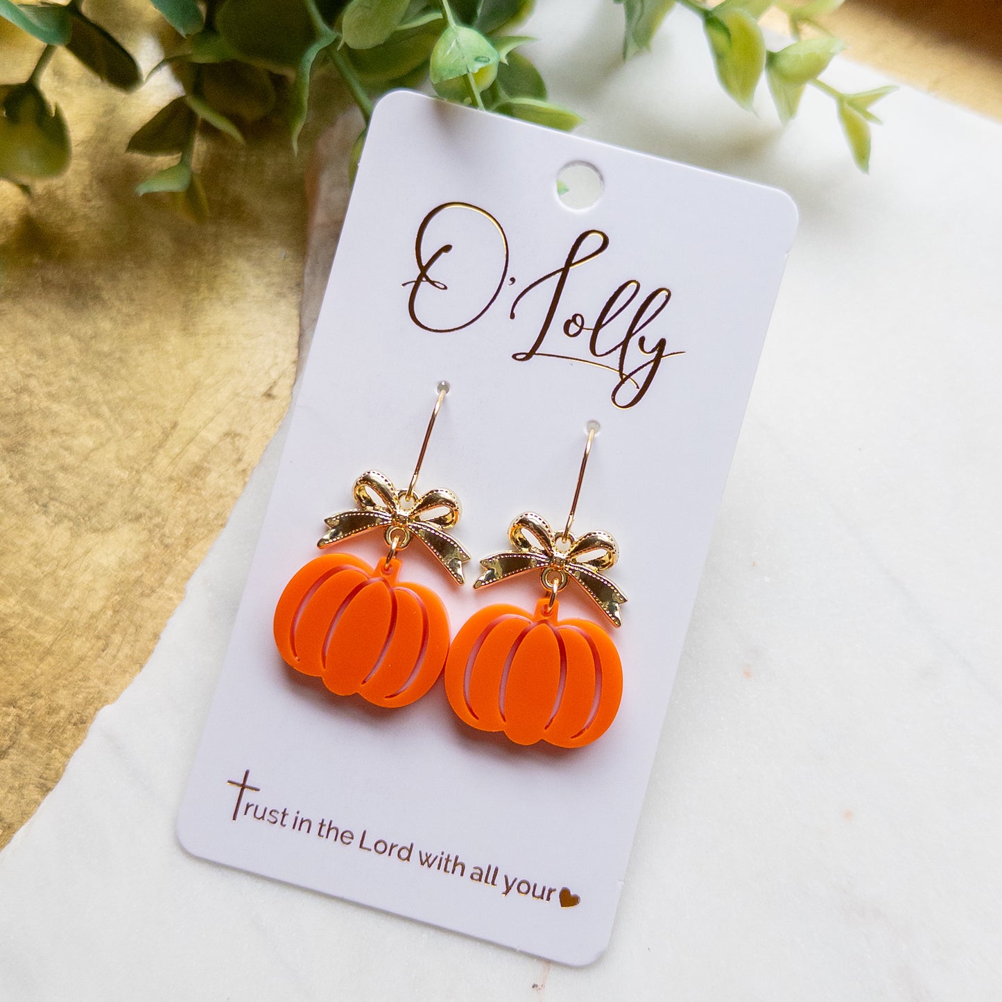 Golden Bow Orange Pumpkin Dangle Earrings