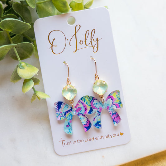 Multicolored Acrylic Bow w/Light Green Stone Dangle Earrings “Bianca”