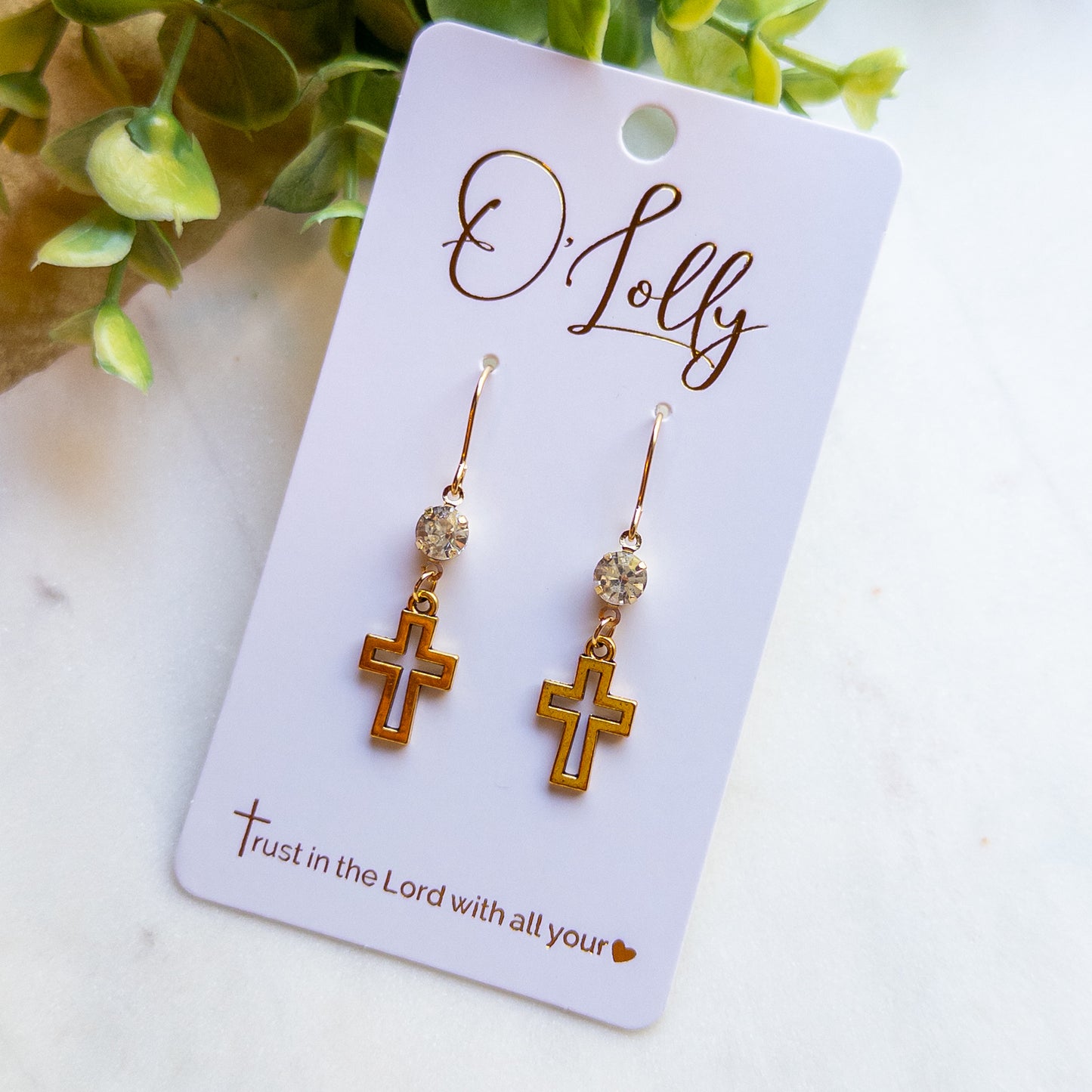 Antique Gold Cross & Crystal Dangle Earrings