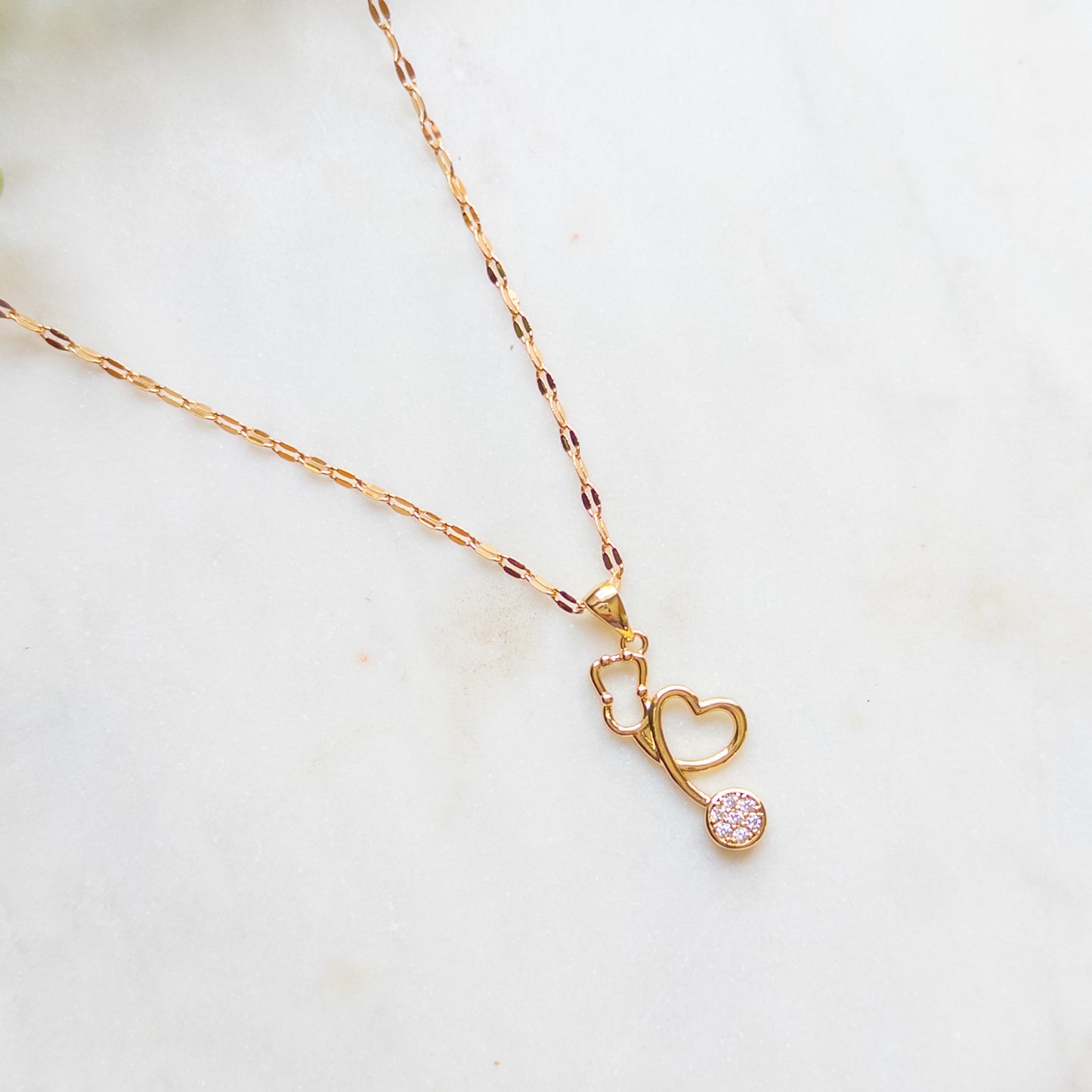 Gold Crystal Stethoscope Heart Pendant Necklace