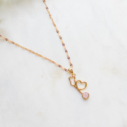 Gold Crystal Stethoscope Heart Pendant Necklace