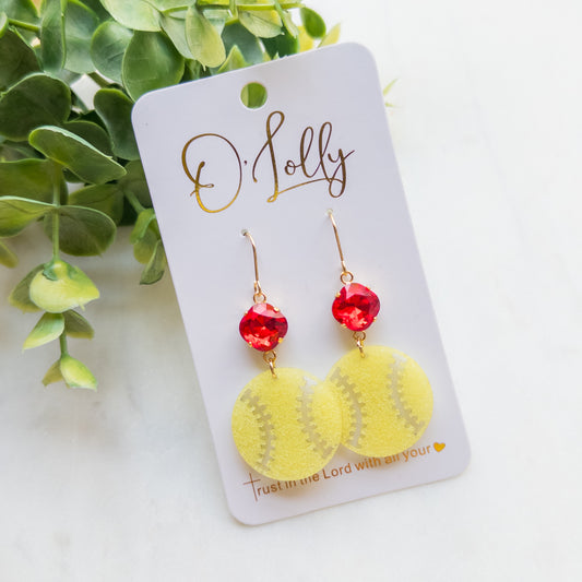 DEAL- Yellow Softball w/Red Stone Dangle Earrings