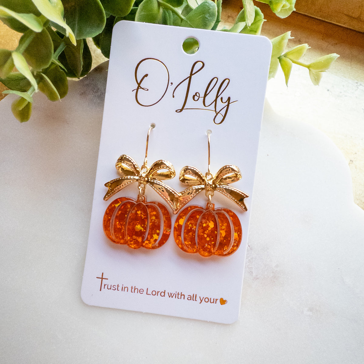 Orange Glitter Pumpkin Dangle Earrings – Gold Bow Accents