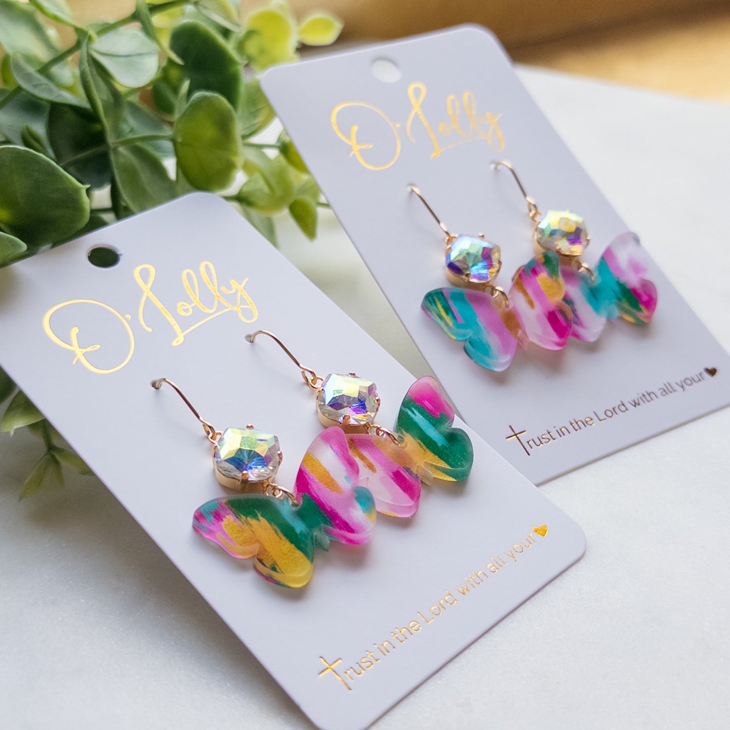 Multicolored Acrylic Butterfly w/AB Stone Dangle Earrings “Kelsi”