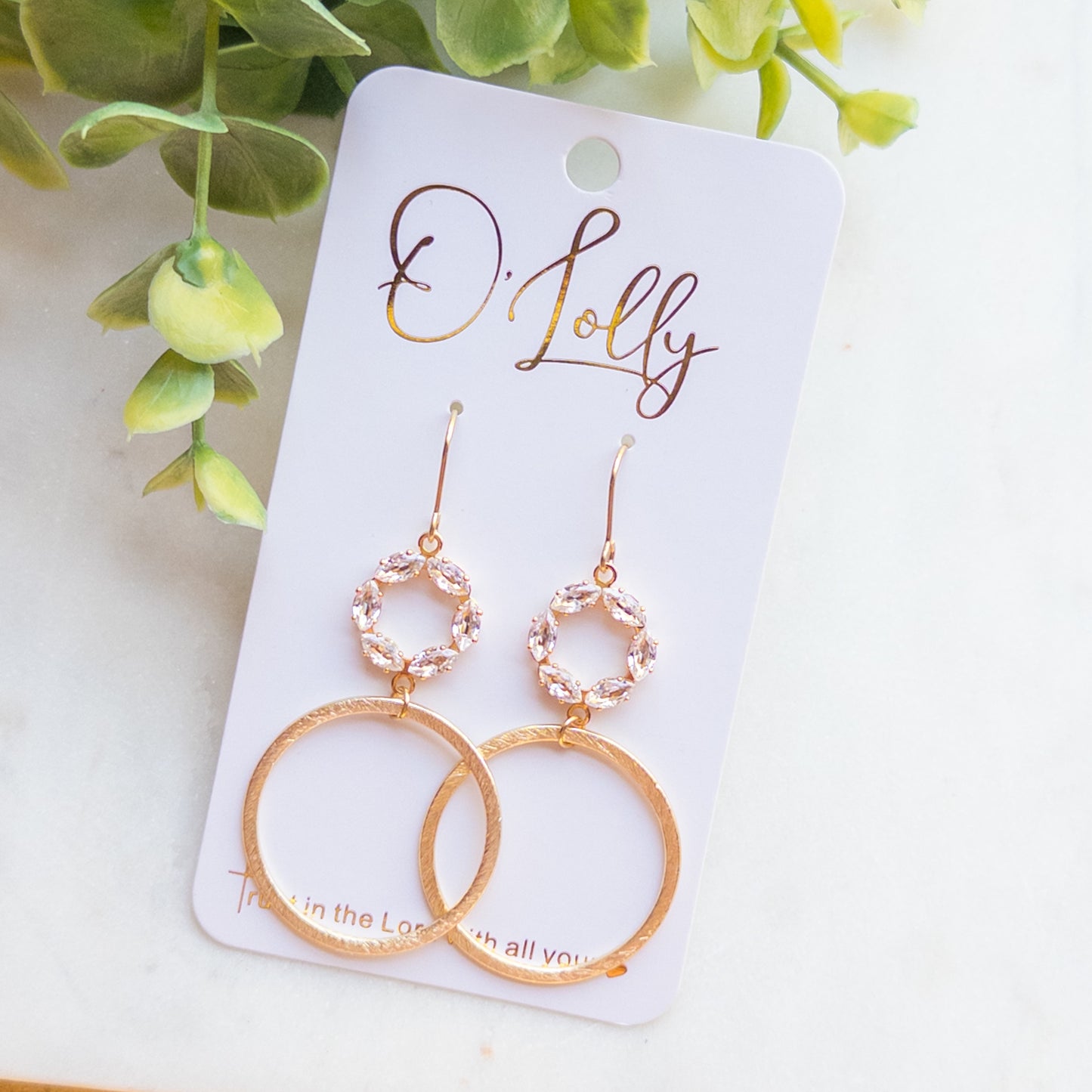 Cubic Zirconia Open Connector w/Gold Texture Hoop Dangle Earrings “Jenny”