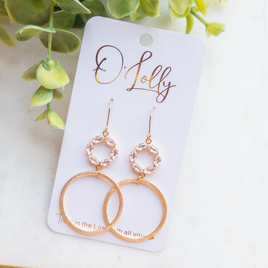 Cubic Zirconia Open Connector w/Gold Texture Hoop Dangle Earrings “Jenny”