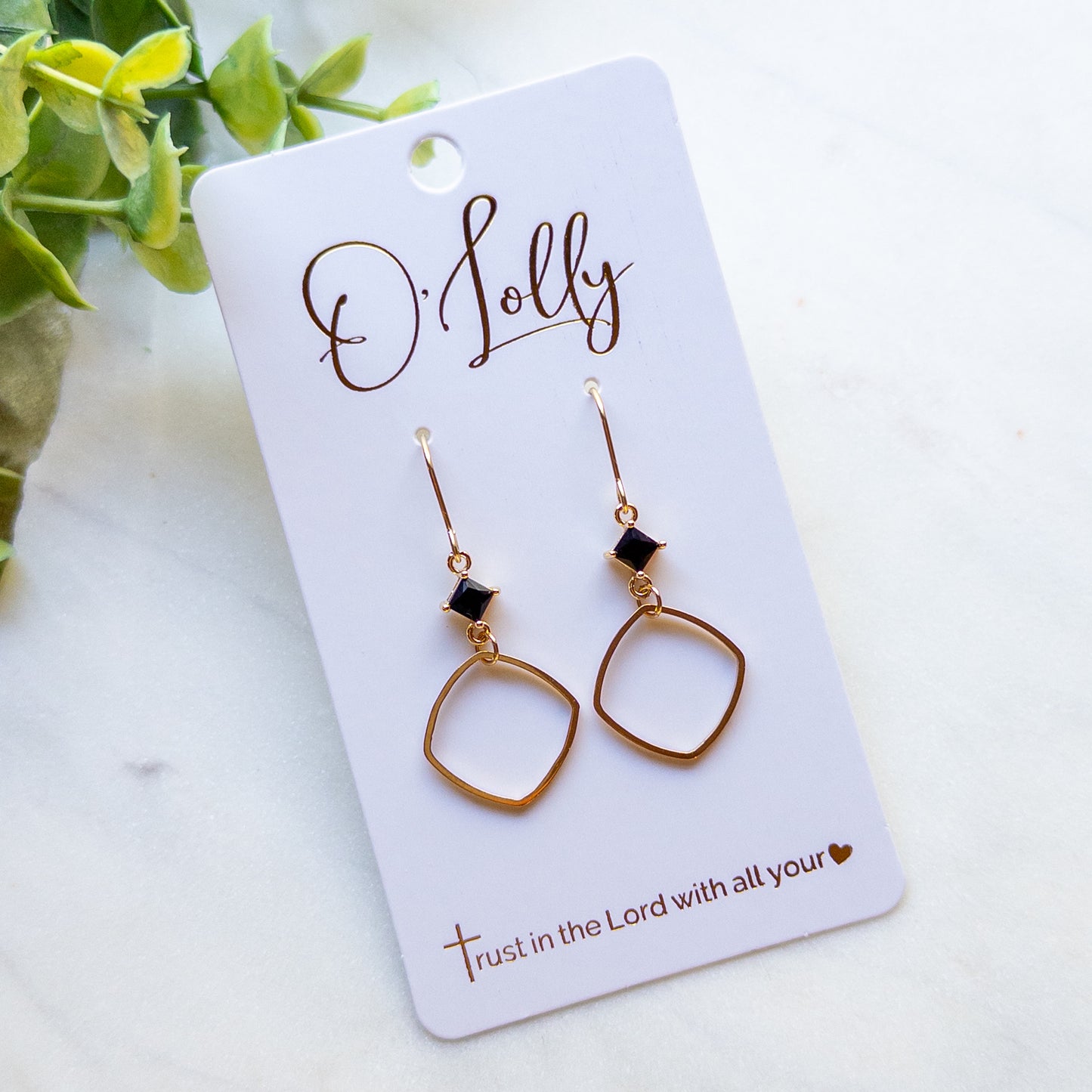 Black Crystal & Gold Open Square Earrings “Layla”
