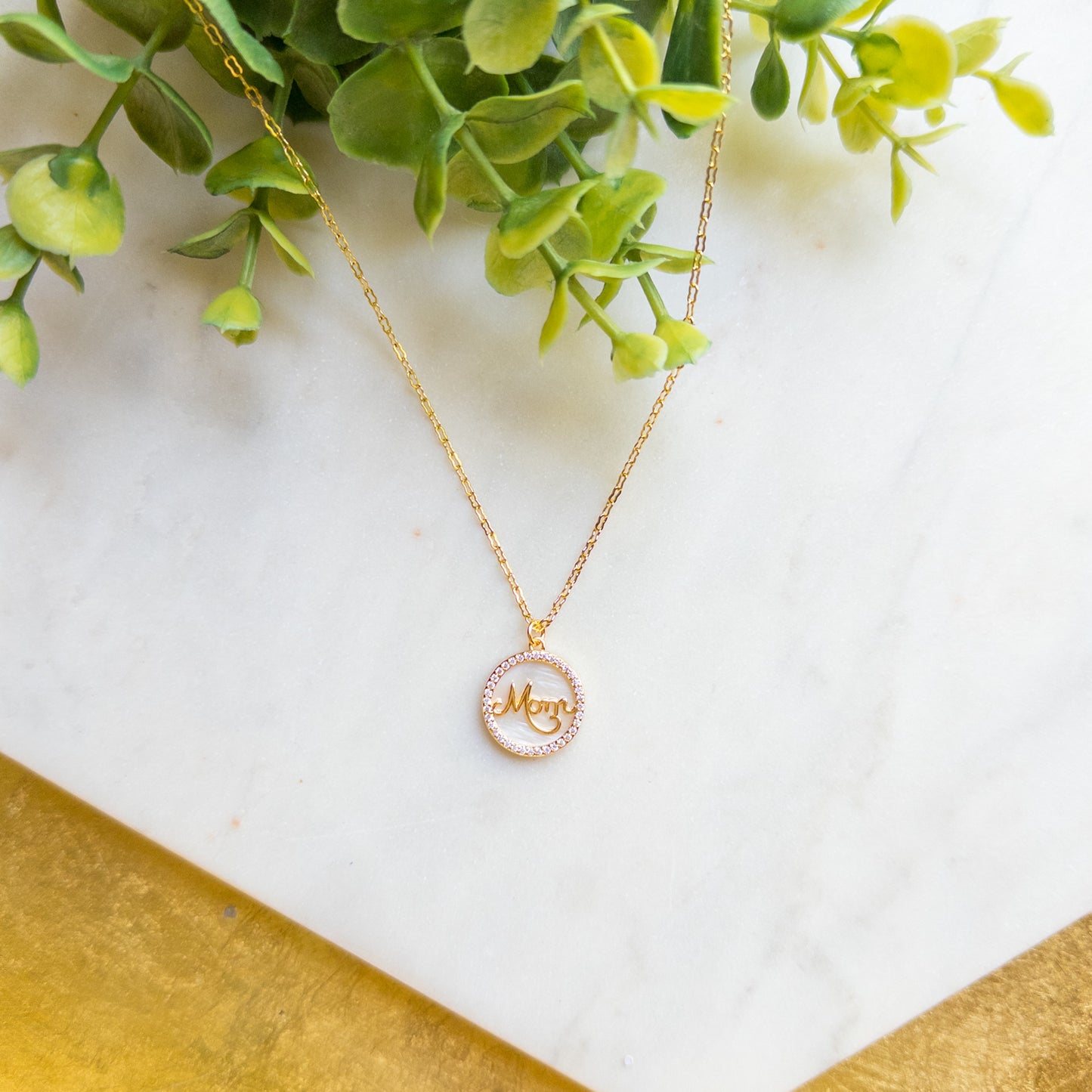 18K Gold Plated Chain w/Gold Rhinestone “Mom” Pearl Shell Pendant Necklace