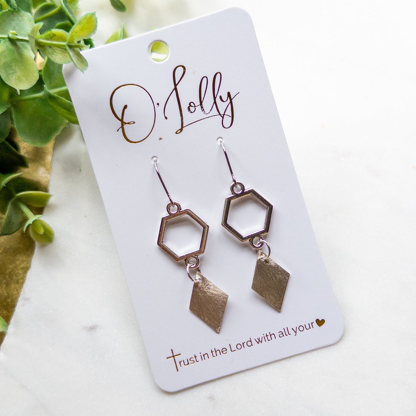 DEAL- Silver Geometric Drop Earrings | Hexagon & Diamond Dangle Earrings | Modern Minimalist