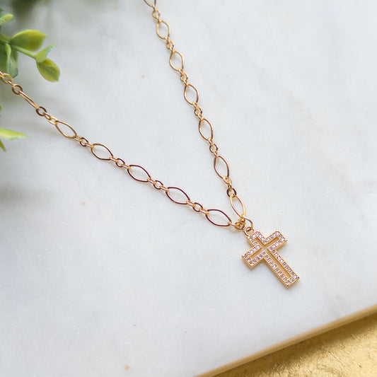Gold Open Rhinestone Cross Necklace w/18K Gold Plated Oval Chain