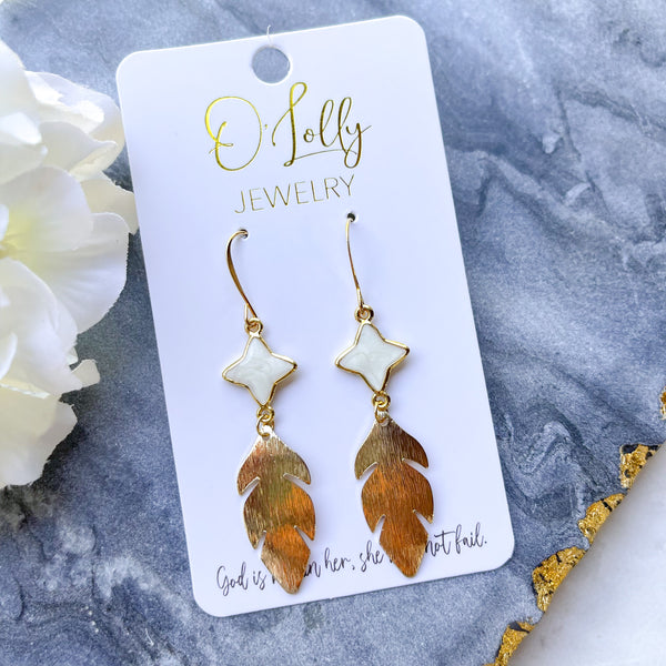 O’Lolly “Heather” Earrings - Ivory Connector w/Feather Dangle