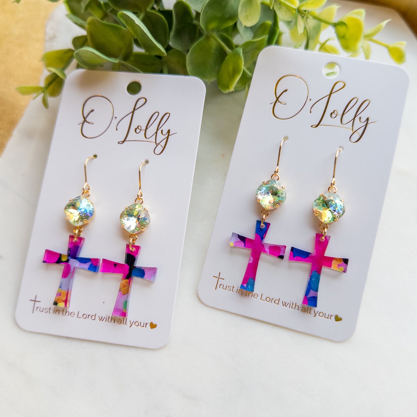 Multicolored Acrylic Cross w/Light Aqua Stone “Isabella”