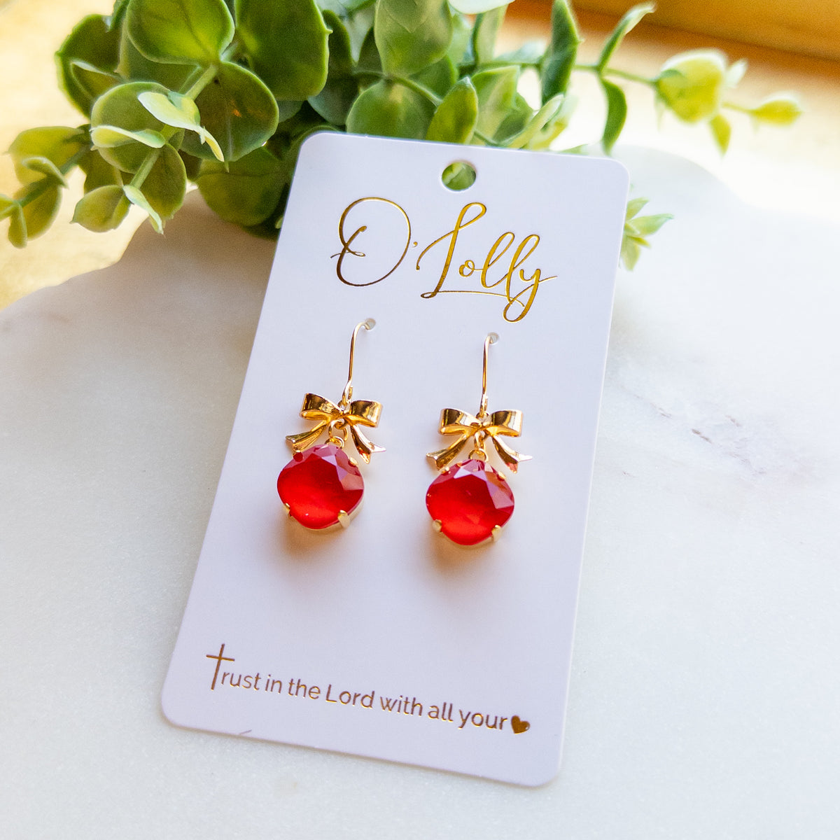 Gold Bow Red Crystal Drop Earrings “Rudy”