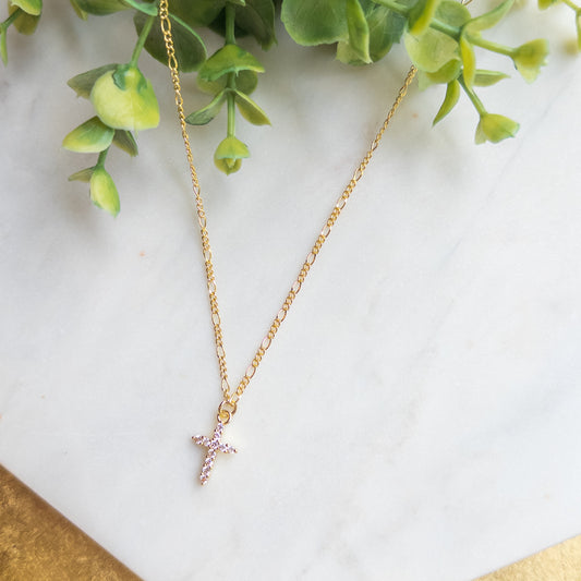 18K Gold Plated Chain w/Rhinestone Cross Necklace