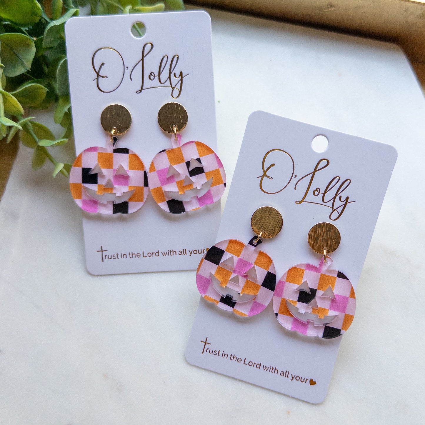 Pink Plaid Pumpkin Earrings- Halloween Style 2