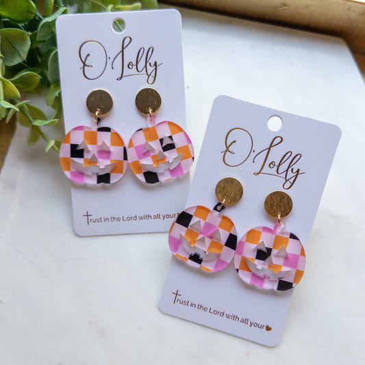 Pink Plaid Pumpkin Earrings- Halloween Style 2