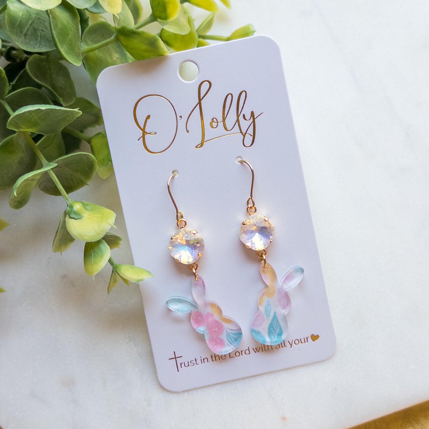 Pastel Acrylic Easter Bunny Earrings w/White Stone- Easter 9