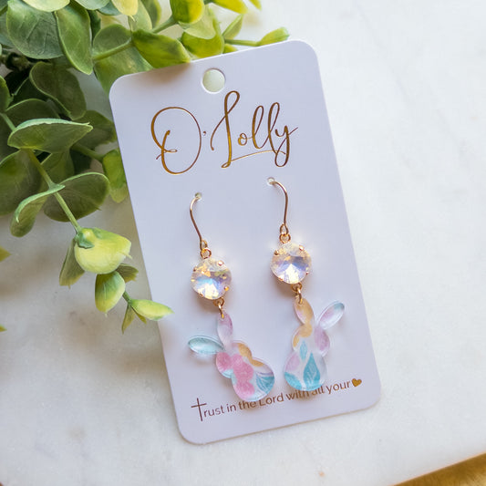 Pastel Acrylic Easter Bunny Earrings w/White Stone- Easter 9