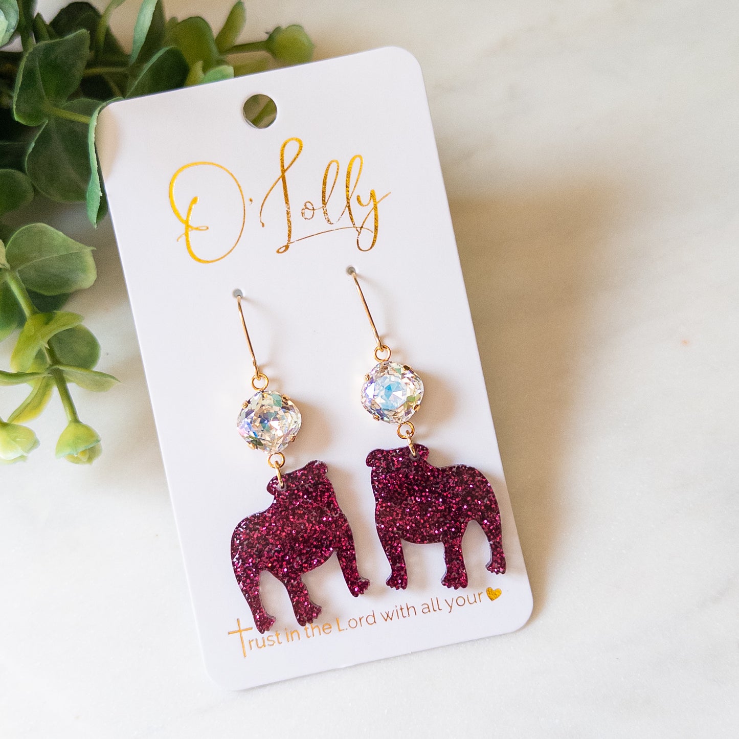Maroon Glitter Acrylic Bulldog w/Clear Glass Stone