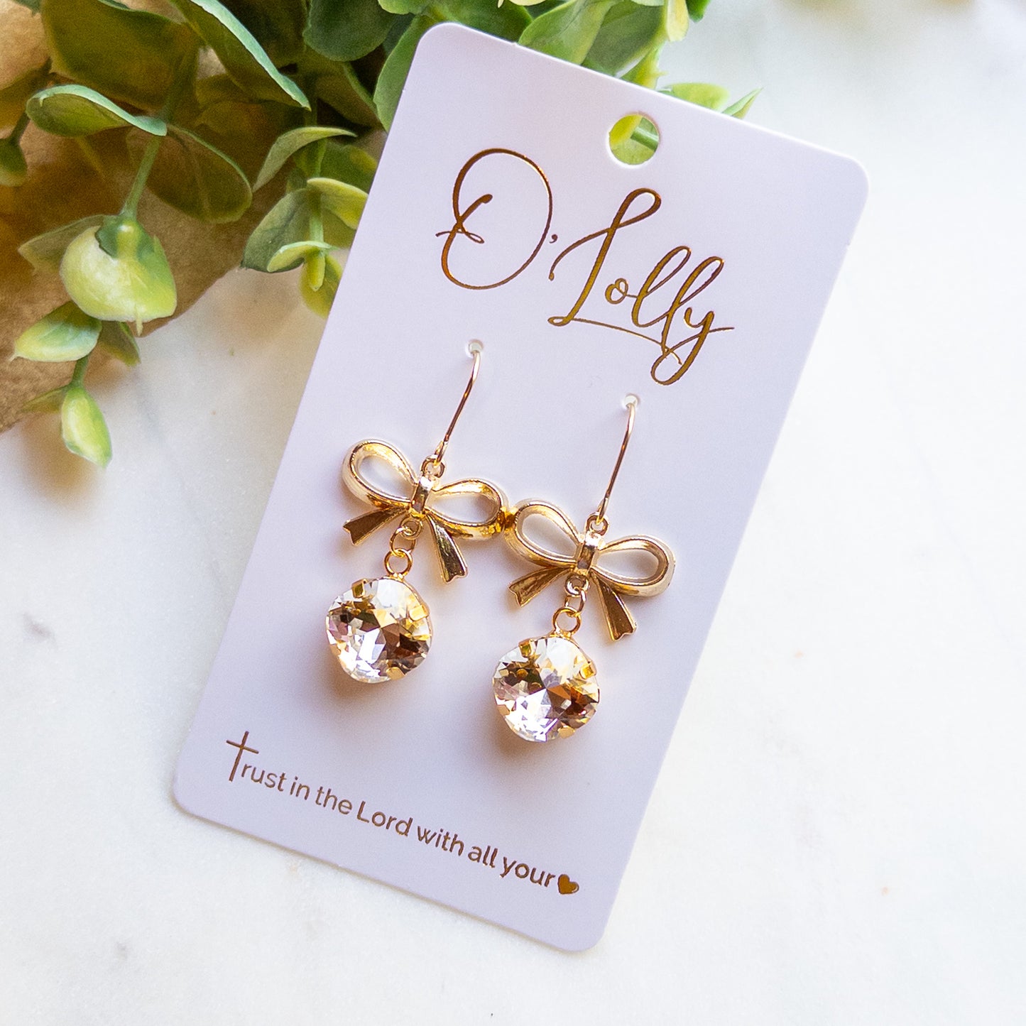 Gold Bow & Crystal Dangle Earrings – Sparkling Bow Earrings “Bonnie”