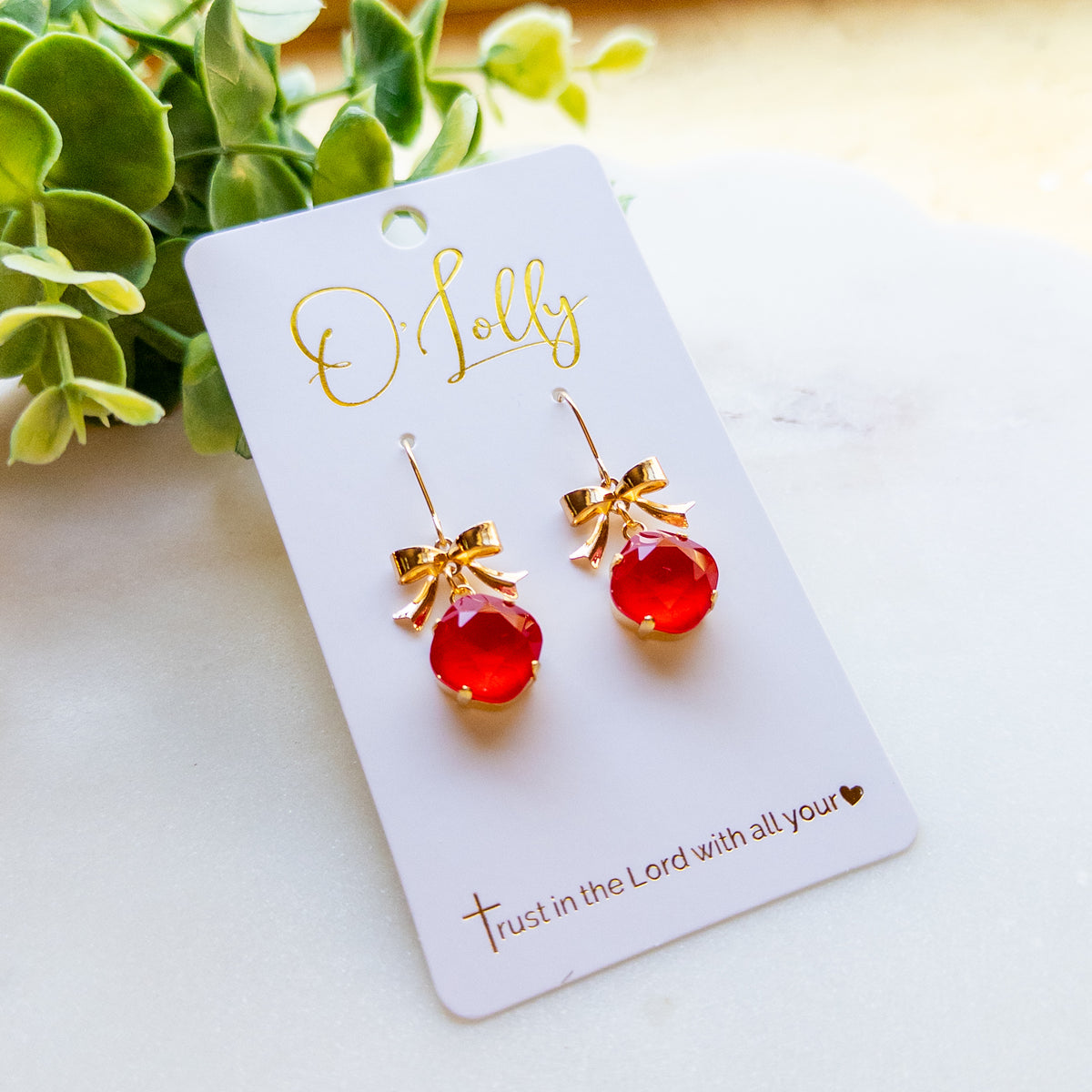 Gold Bow Red Crystal Drop Earrings “Rudy”
