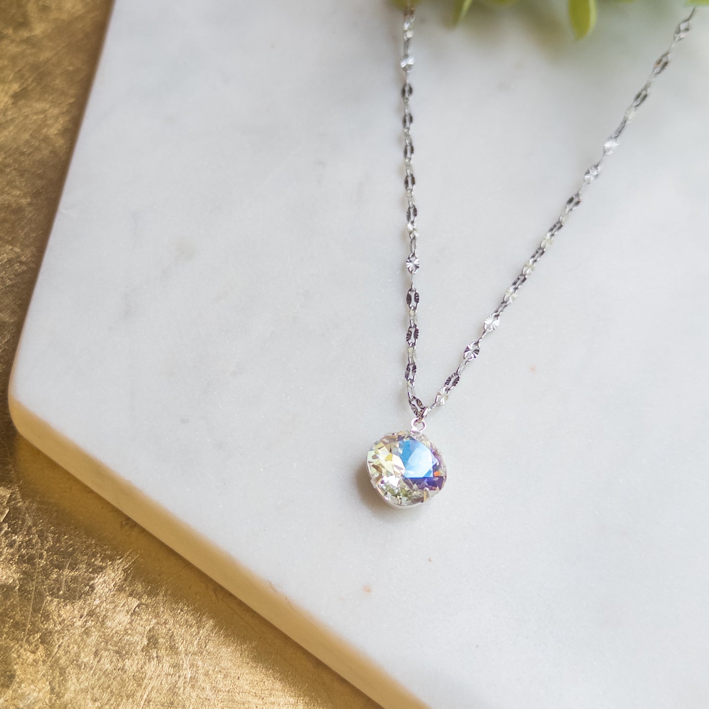 Silver Faceted Chain Necklace w/12mm Clear Cushion Stone