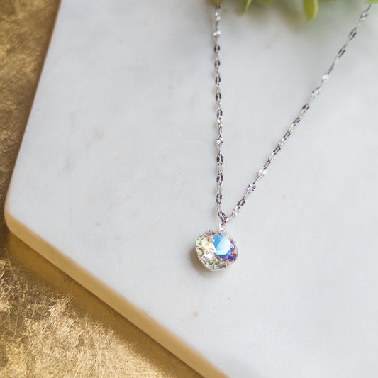 Silver Faceted Chain Necklace w/12mm Clear Cushion Stone