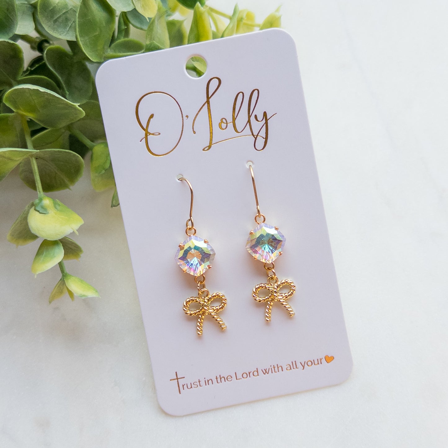 AB Stone w/Dainty Gold Bow Dangle Earrings “Tabitha”
