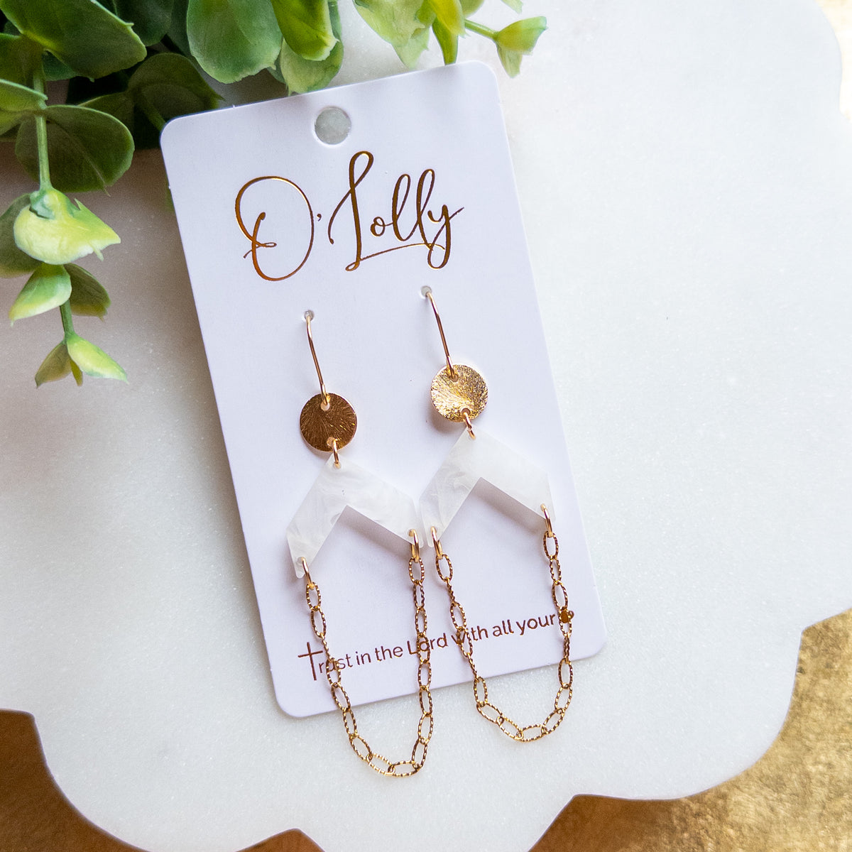 White Geometric Acrylic & Gold Chain Drop Earrings “Celeste”