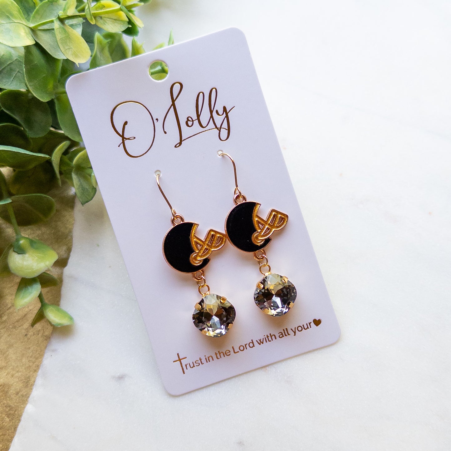 Black Football Helmet Crystal Dangle Earrings – Gold Game Day Earrings “Saint”