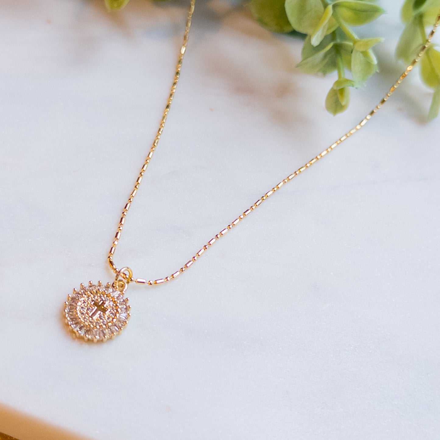 Cubic Zirconia Pave Circle Open Cross Charm w/18k Gold Plated Chain Necklace