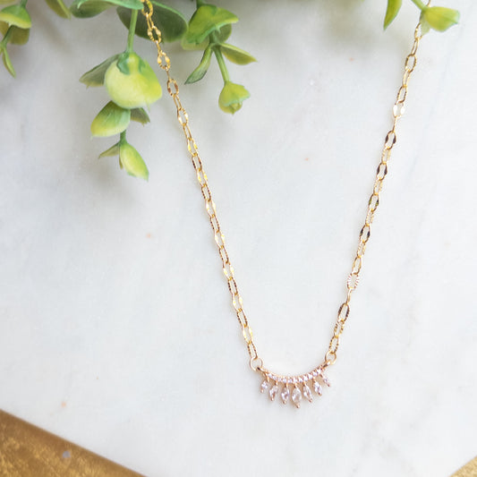 18K Gold Plated Chain Necklace w/Curved Rhinestone Bar