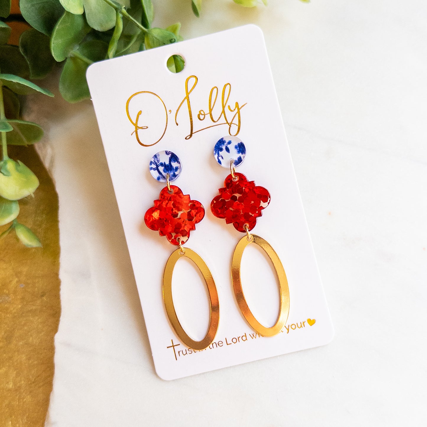Red Glitter & Blue Floral w/Open Gold Oval Dangle Earrings “Holland”