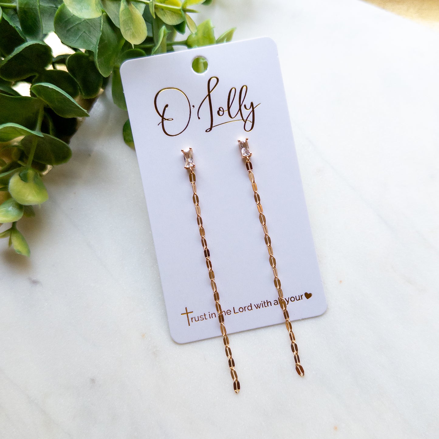 Gold Rectangle CZ Chain Drop Earrings