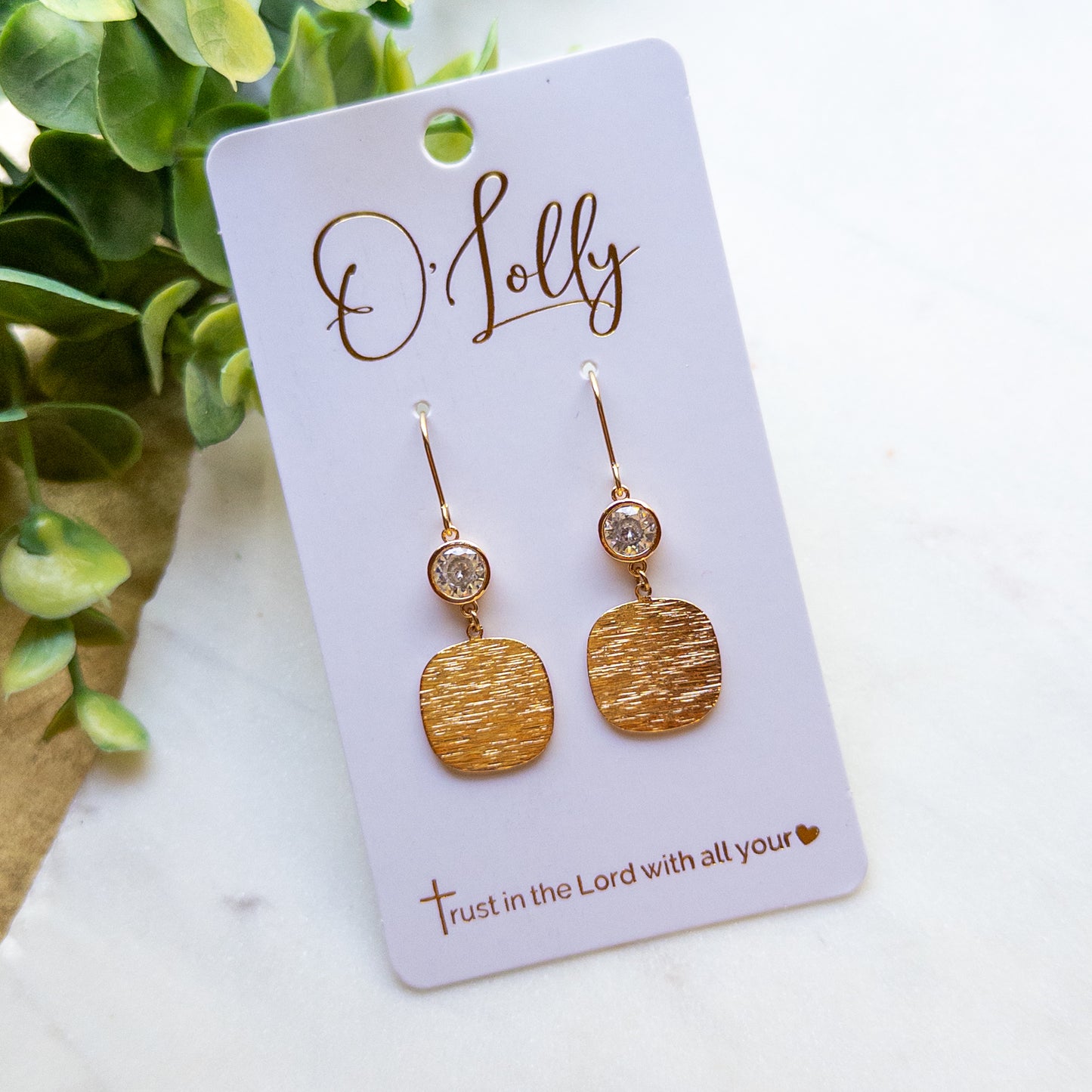 Gold Textured Square Dangle Earrings with Cubic Zirconia – Minimalist Gold Earrings “Celeste”